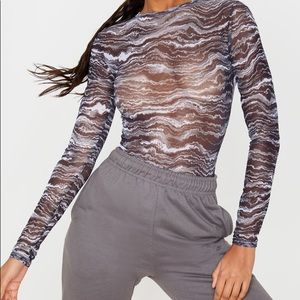 Black waves printed mesh bodysuit
